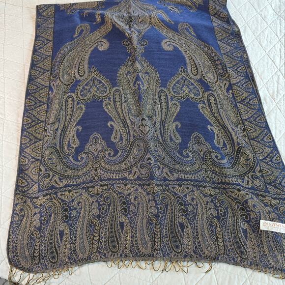 Pashmina Cashmere Blend Scarf Wrap Blue Gold Paisley Elegant Tasseled Romantic - Picture 1 of 10
